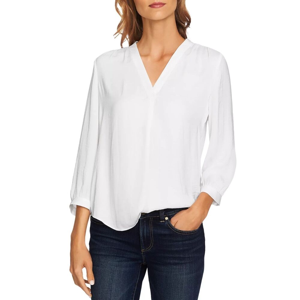 Vince Camuto Women's V-Neck Blouse M New Ivory Relaxed Fit Pullover